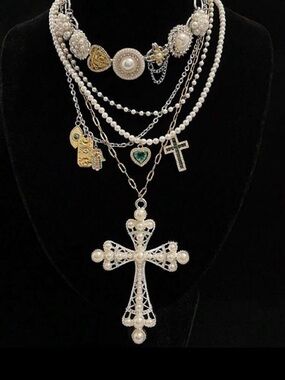 Layered Pearl & Silver Cross Necklace - White/Silver